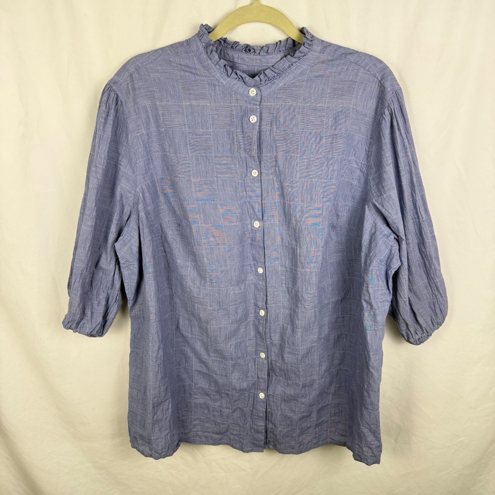 Ava & Viv Blue Chambray 3/4 Sleeve Button Front Blouse Ruffle Neckline Casual 3X